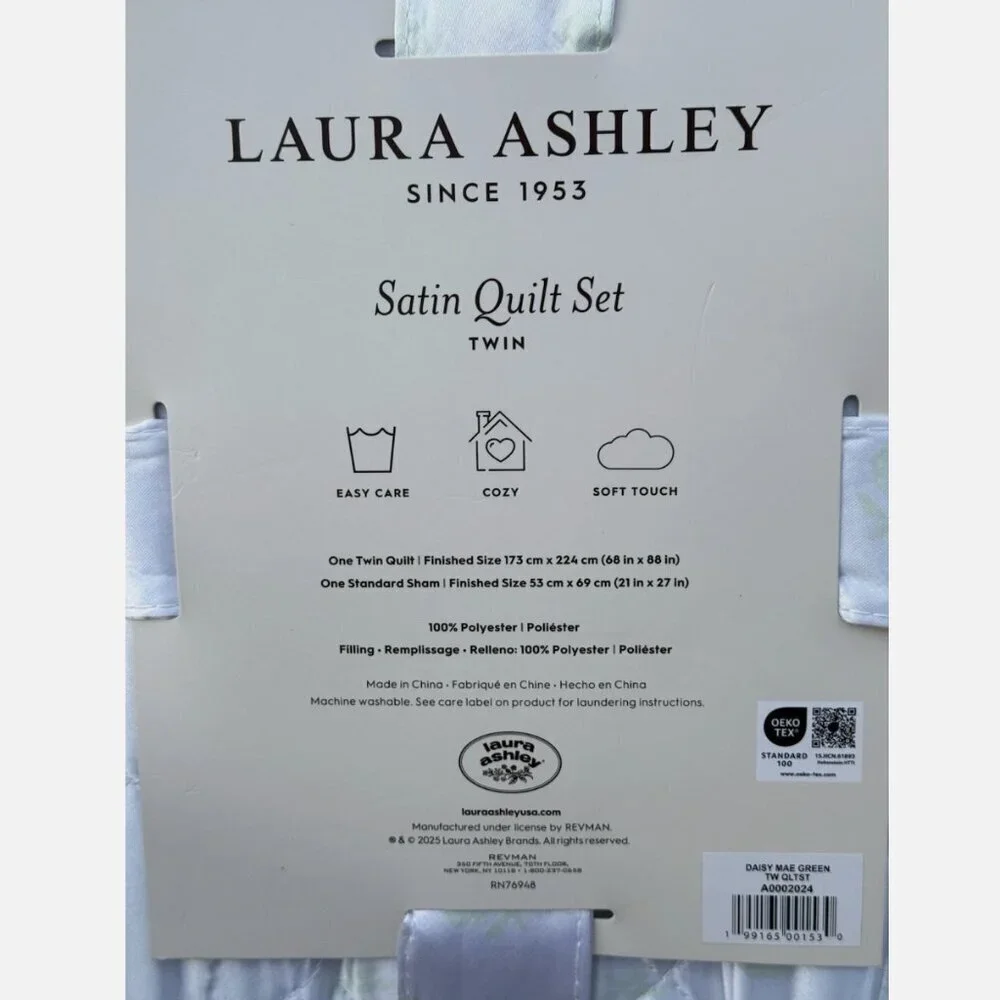 Laura Ashley Daisy Mae White Green Satin Polyester TWIN Quilt Set 2pc